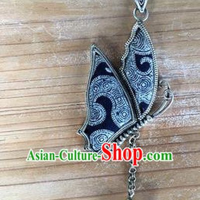 Chinese Traditional Miao Sliver Embroidered Hmong Ornaments Accessories Minority Navy Butterfly Necklace Pendant for Women
