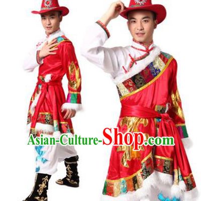Traditional Chinese Zang Nationality Dance Costume, Tibetan Minority Folk Dance Ethnic Clothing for Men