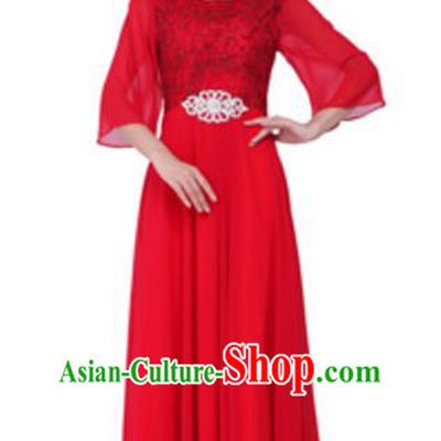Top Grade Chorus Singing Group Red Lace Full Dress, Compere Stage Performance Modern Dance Costume for Women
