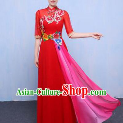 Chinese Traditional Chorus Singing Group Embroidered Costume, Compere Classical Dance Red Dress for Women