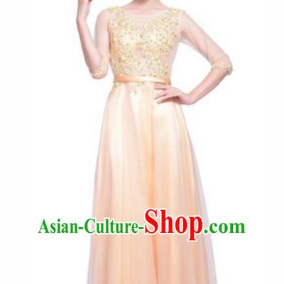 Top Grade Chorus Singing Group Beading Embroidery Champagne Full Dress, Compere Stage Performance Modern Dance Costume for Women