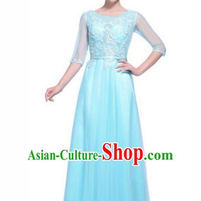 Top Grade Chorus Singing Group Beading Embroidery Blue Full Dress, Compere Stage Performance Modern Dance Costume for Women