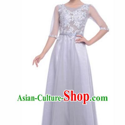 Top Grade Chorus Singing Group Beading Embroidery Grey Full Dress, Compere Stage Performance Modern Dance Costume for Women
