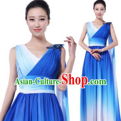Traditional Chorus Singing Group Modern Dance Costume, Compere Classical Dance Blue Dress for Women