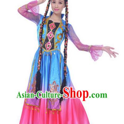 Traditional Chinese Uyghur Ethnic Dance Dress, China Uigurian Minority Folk Dance Costume and Hat for Women