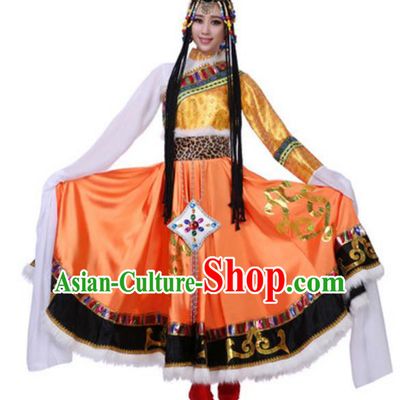 Traditional Chinese Zang Ethnic Dress, Tibetan Minority Folk Dance Costume and Headwear for Women