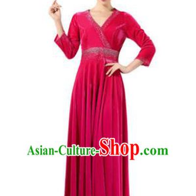 Traditional Chorus Singing Group Modern Dance Costume, Compere Classical Dance Rosy Velvet Dress for Women