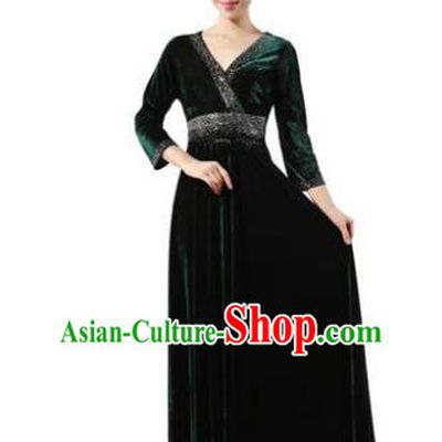 Traditional Chorus Singing Group Modern Dance Costume, Compere Classical Dance Atrovirens Velvet Dress for Women