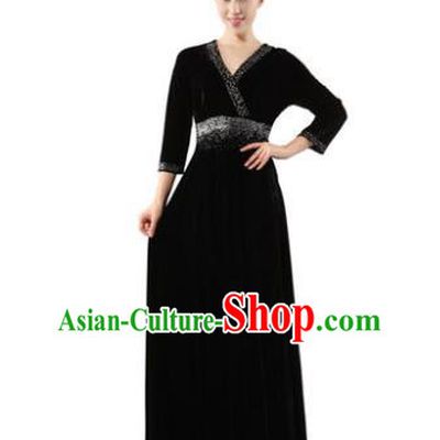 Traditional Chorus Singing Group Modern Dance Costume, Compere Classical Dance Black Velvet Dress for Women