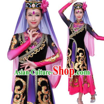 Traditional Chinese Uyghur Nationality Black Dress, Uigurian Minority Folk Dance Ethnic Costume and Hat for Women