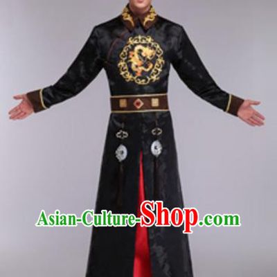 Traditional Chinese Ancient Manchu Prince Costume Qing Dynasty Infante Embroidered Black Robe and Hat for Men