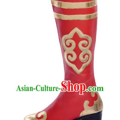 Chinese Traditional Mongol Dance Shoes, Uigurian Minority Folk Dance Red Boots for Women
