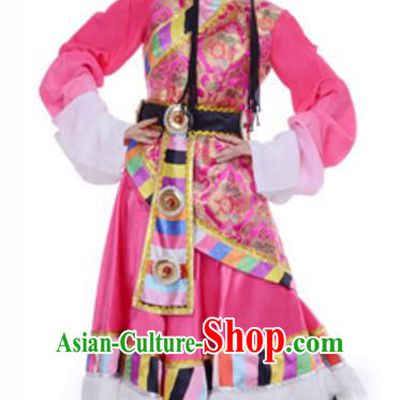 Traditional Chinese Mongolian Nationality Pink Dress, Mongol Minority Folk Dance Ethnic Costume and Headwear for Women