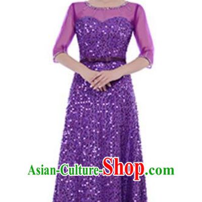 Top Grade Chorus Group Choir Purple Sequins Full Dress, Compere Stage Performance Modern Dance Costume for Women