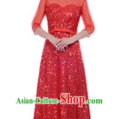Top Grade Chorus Group Choir Red Sequins Full Dress, Compere Stage Performance Modern Dance Costume for Women