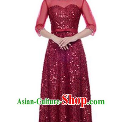 Top Grade Chorus Group Choir Wine Red Sequins Full Dress, Compere Stage Performance Modern Dance Costume for Women