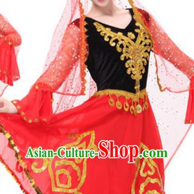 Traditional Chinese Uigurian Ethnic Dance Dress, China Uyghur Minority Folk Dance Costume and Headwear for Women
