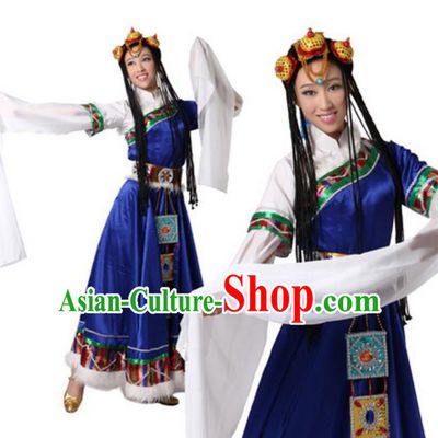 Traditional Chinese Zang Ethnic Dance Blue Dress, China Tibetan Minority Folk Dance Costume and Headwear for Women