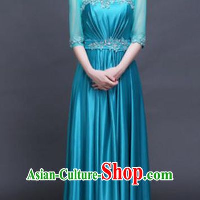 Top Grade Chorus Group Blue Full Dress, Compere Stage Performance Classical Dance Choir Costume for Women