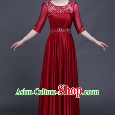 Top Grade Chorus Group Wine Red Full Dress, Compere Stage Performance Classical Dance Choir Costume for Women