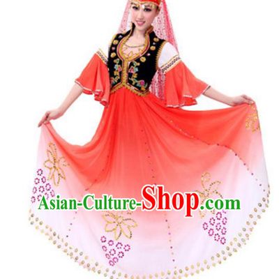 Traditional Chinese Uyghur Nationality Dancing Costume and Hat, China Uigurian Minority Folk Dance Ethnic Pleated Skirt for Women