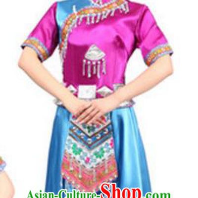 Traditional Chinese Miao Nationality Dance Rosy Dress, China Hmong Minority Folk Dance Ethnic Costume and Headwear for Women