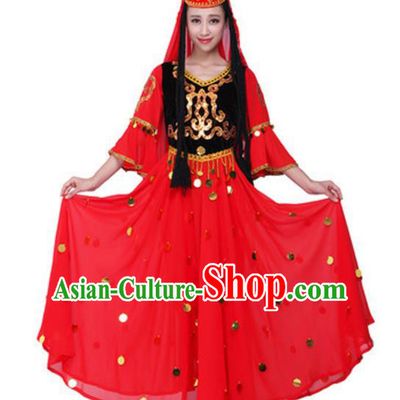 Traditional Chinese Uyghur Nationality Dance Red Dress, China Uigurian Minority Folk Dance Ethnic Costume and Hat for Women