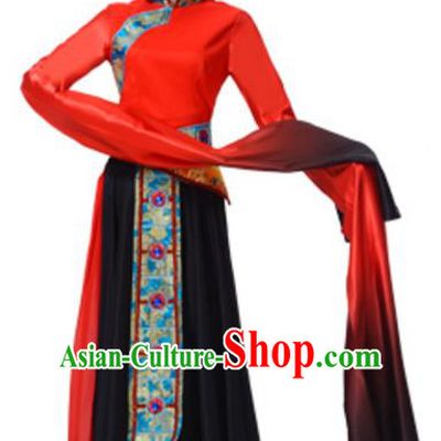 Traditional Chinese Zang Nationality Dance Red Dress, China Tibetan Minority Folk Dance Ethnic Costume and Headwear for Women