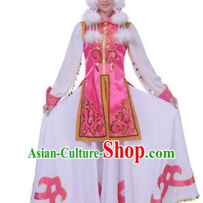 Traditional Chinese Mongol Nationality Princess Clothing, China Mongolian Minority Folk Dance Ethnic Costume and Headwear for Women