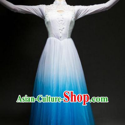 Top Grade Chorus Group Choir Blue Full Dress, Compere Stage Performance Classical Dance Costume for Women