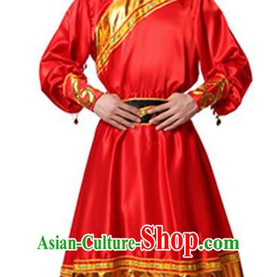 Traditional Chinese Mongolian Nationality Ethnic Clothing, China Mongols Minority Folk Dance Red Costume for Men