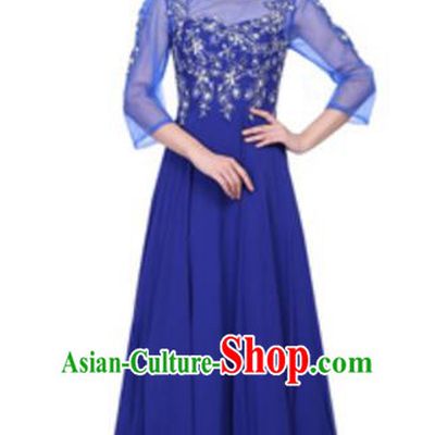 Top Grade Chinese Chorus Group Big Swing Blue Dress, Compere Stage Performance Choir Costume for Women