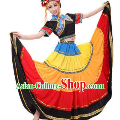 Traditional Chinese Yi Nationality Peacock Dance Costume, Chinese Ethnic Torch Festival Dance Dress for Women