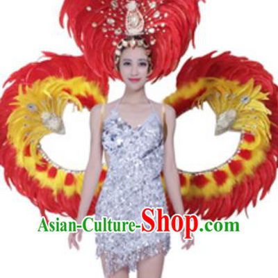 Top Grade Modern Dance Costume Stage Show Brazil Parade Giant Red Feather Wings and Headpiece for Women