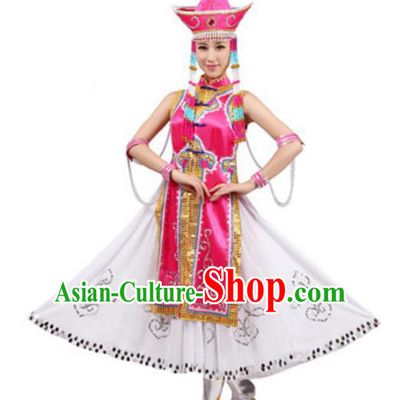 Traditional Chinese Mongolian Nationality Costume, Chinese Mongols Princess Ethnic Dance Pink Dress Clothing and Hat for Women