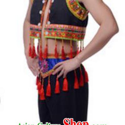 Traditional Chinese Zhuang Nationality Male Clothing, Chinese Zhuang Ethnic Dance Costume and Hat for Men