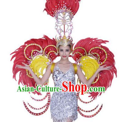 Top Grade Samba Dance Props Stage Show Brazil Parade Giant Rosy Feather Wings and Headpiece for Women