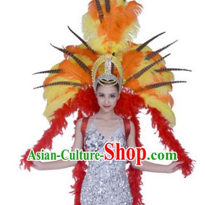 Top Grade Samba Dance Props Stage Show Brazil Parade Giant Yellow Ostrich Feather Wings and Headpiece for Women