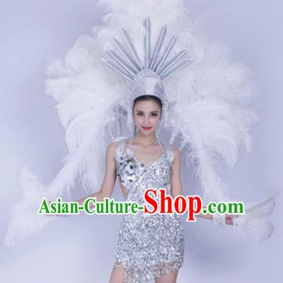 Top Grade Samba Dance Props Stage Show Brazil Parade Giant White Ostrich Feather Wings and Headpiece for Women