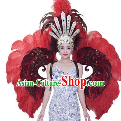 Top Grade Samba Dance Props Stage Show Brazil Parade Giant Red Ostrich Feather Wings and Headpiece for Women