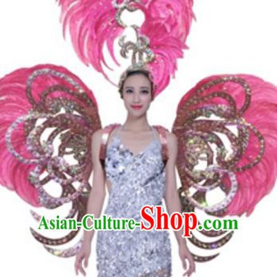 Top Grade Samba Dance Props Stage Show Brazil Parade Giant Pink Feather Butterfly Wings and Headpiece for Women
