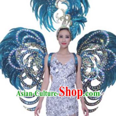 Top Grade Samba Dance Props Stage Show Brazil Parade Giant Blue Feather Butterfly Wings and Headpiece for Women