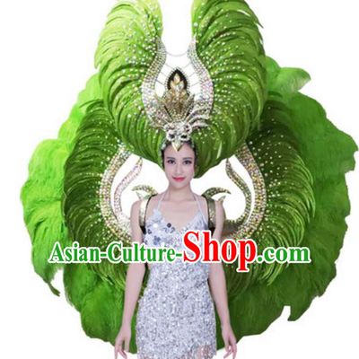 Top Grade Samba Dance Props Stage Show Brazil Parade Giant Green Feather Wings and Headpiece for Women