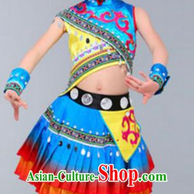 Traditional Chinese Zhuang Nationality Dance Costume, Chinese Zhuang Ethnic Folk Dance Clothing for Kids