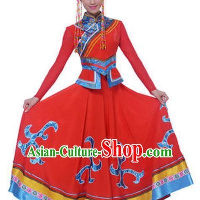 Traditional Chinese Minority Nationality Red Mongolian Robe, China Mongols Ethnic Dance Costume and Hat for Women