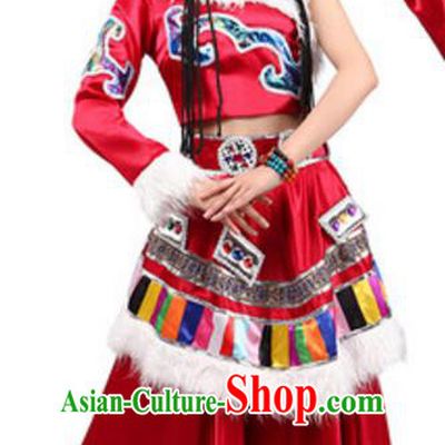 Traditional Chinese Zang Nationality Red Dress, China Tibetan Ethnic Dance Costume and Hat for Women