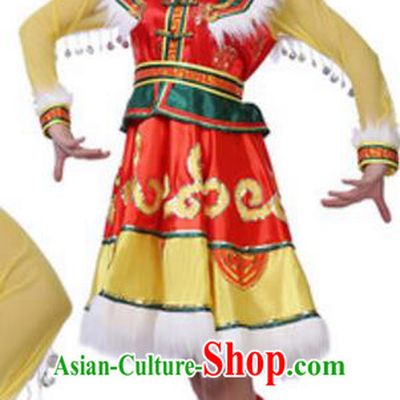 Traditional Chinese Mongols Nationality Female Dress, China Mongolian Ethnic Dance Costume and Headwear for Women