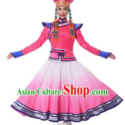 Traditional Chinese Mongol Nationality Princess Pink Dress, China Mongolian Ethnic Dance Costume and Headwear for Women