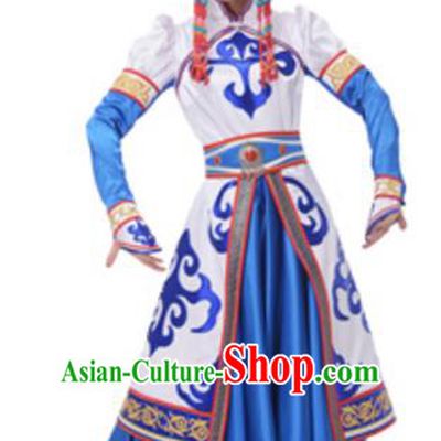 Traditional Chinese Mongolian Nationality Princess Blue Dress, China Mongols Minority Ethnic Dance Costume and Headwear for Women