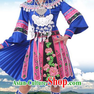 Traditional Chinese Miao Nationality Princess Blue Dress, China Hmong Minority Ethnic Dance Costume and Headwear for Women